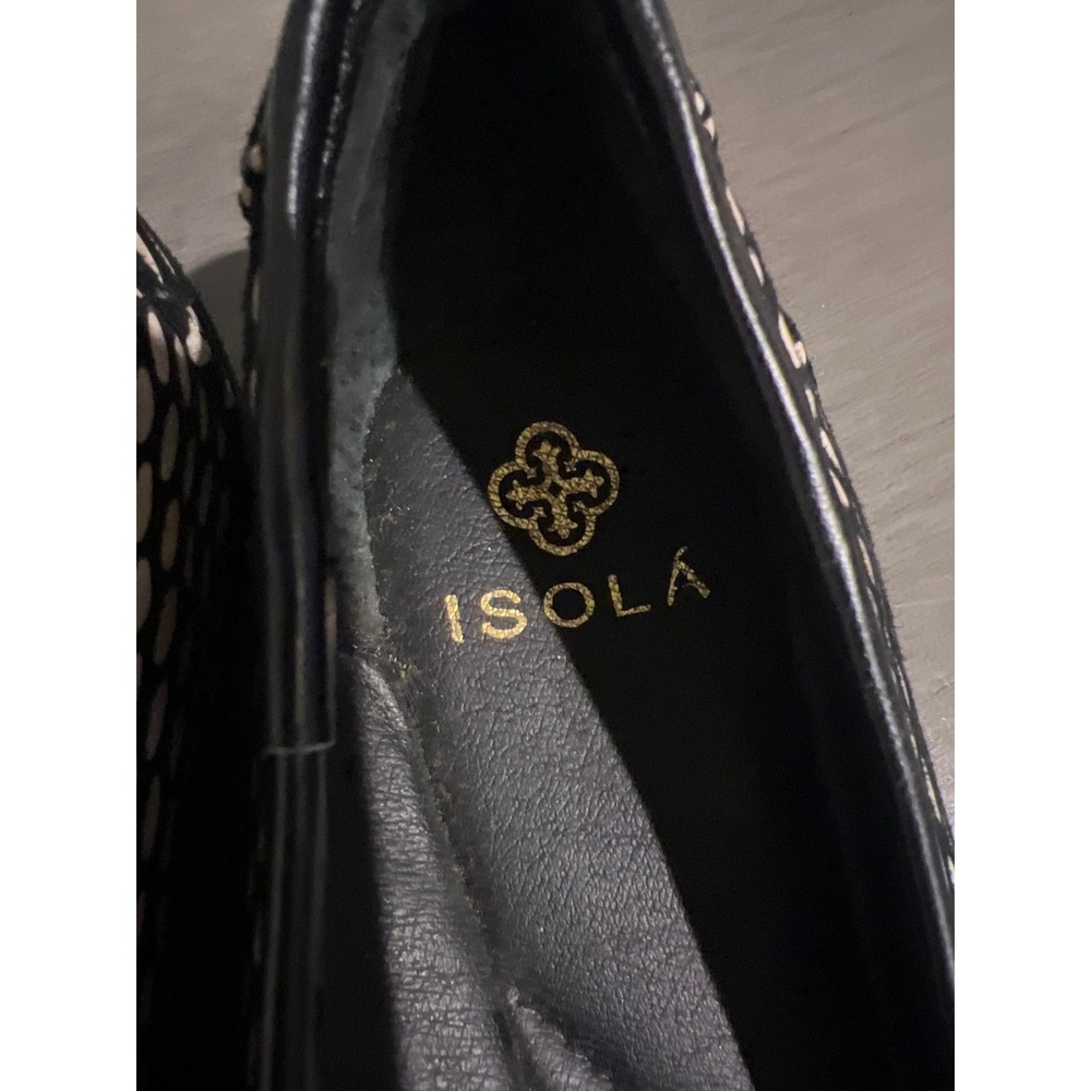 FLAW Isola Women's Black Tan Dotted Ballet Flats Gold Logo Buckle Shoes Size 8 - Picture 2 of 6